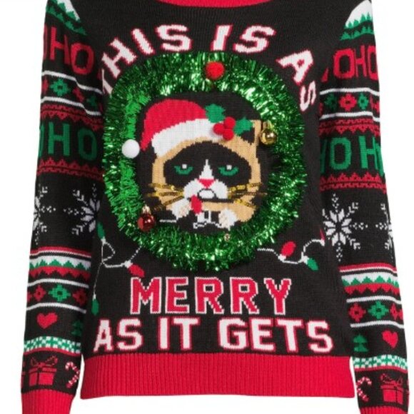 NEW No Boundaries Juniors Grumpy Cat Ugly Christmas Sweater size Large - Picture 1 of 9